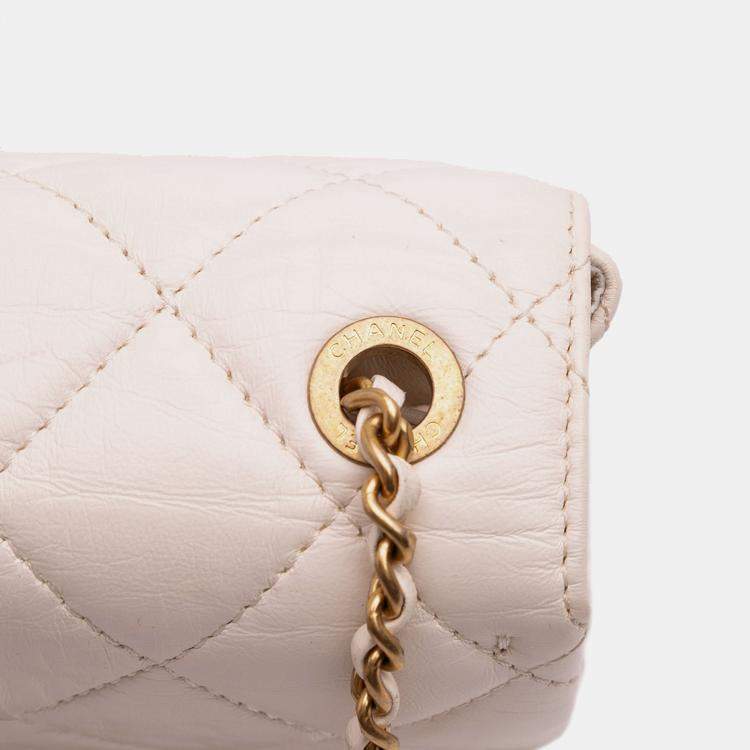 Pre Owned Chanel White CC Quilted Aged Calfskin Accordion Flap