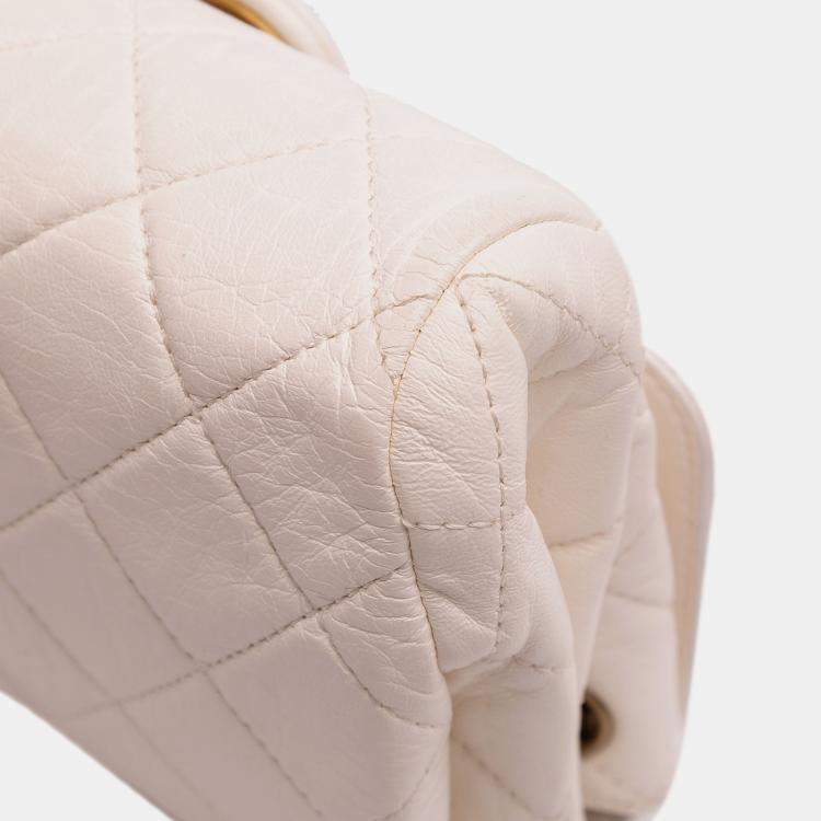 Pre Owned Chanel White CC Quilted Aged Calfskin Accordion Flap