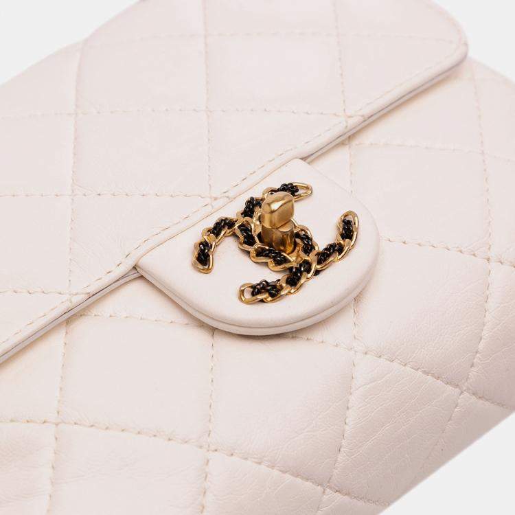 Pre Owned Chanel White CC Quilted Aged Calfskin Accordion Flap