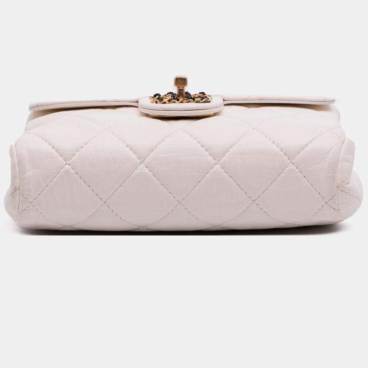 Pre Owned Chanel White CC Quilted Aged Calfskin Accordion Flap