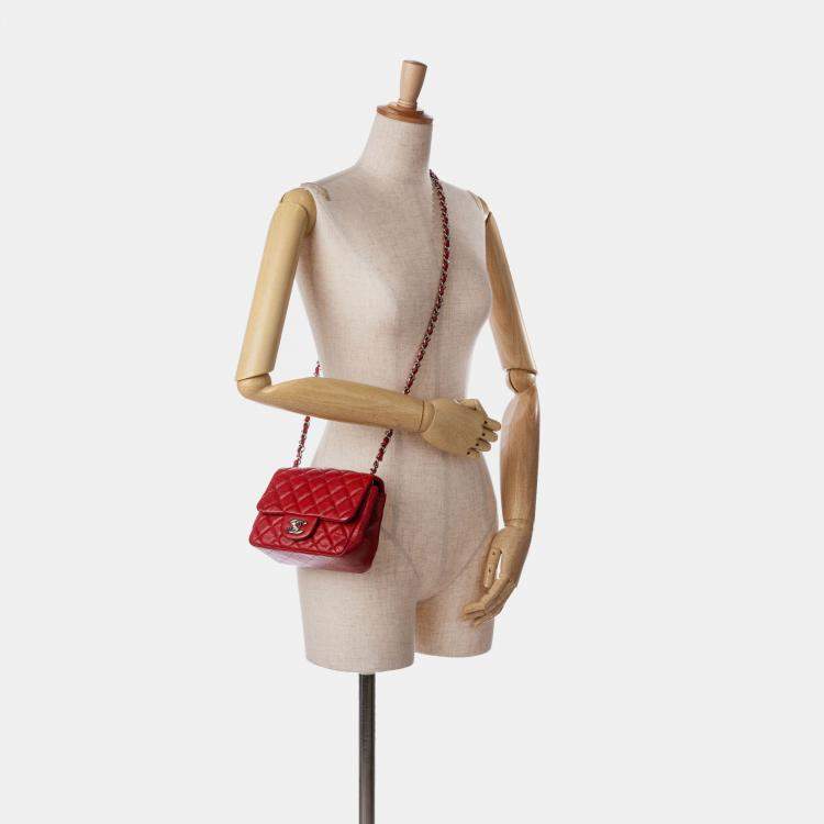 Pre Owned Chanel Red Mini Square Classic Caviar Single Flap