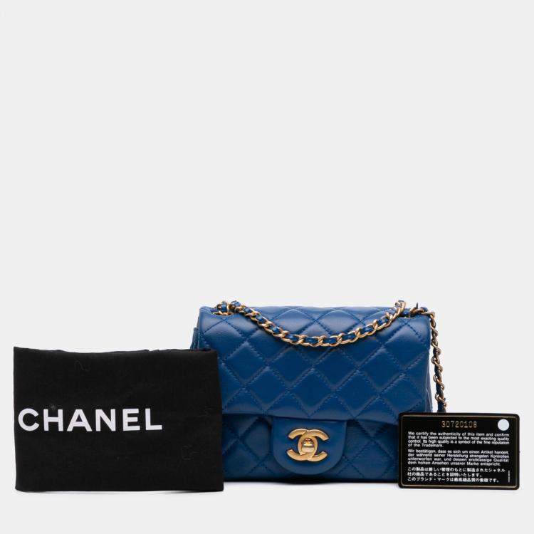 Pre Owned Chanel Blue Mini Square Classic Lambskin Pearl Crush Single Flap