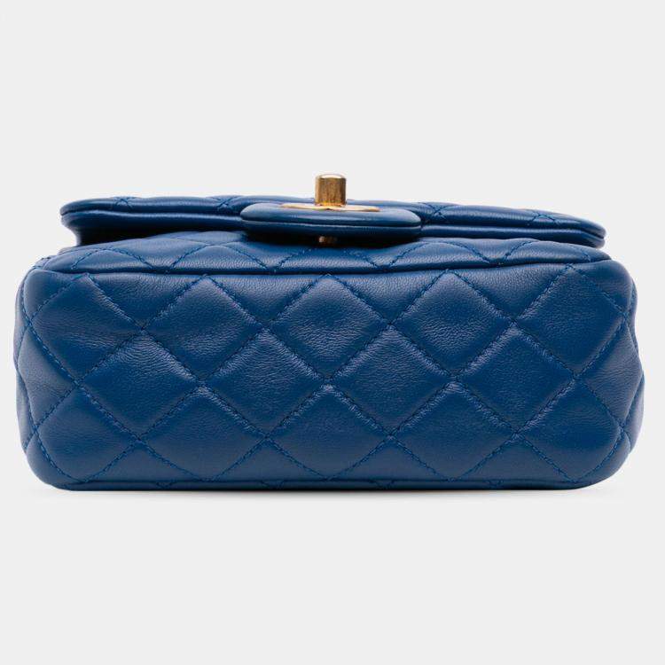Pre Owned Chanel Blue Mini Square Classic Lambskin Pearl Crush Single Flap