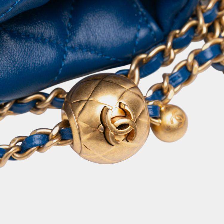 Pre Owned Chanel Blue Mini Square Classic Lambskin Pearl Crush Single Flap