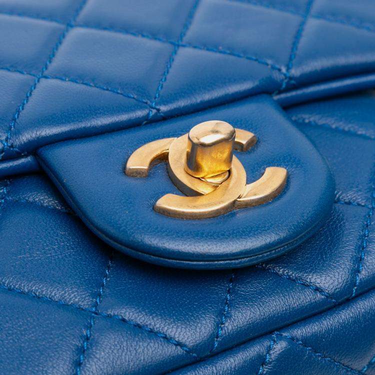 Pre Owned Chanel Blue Mini Square Classic Lambskin Pearl Crush Single Flap