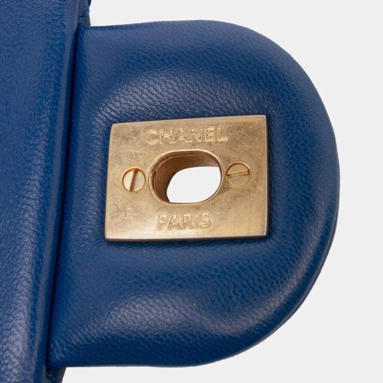 Pre Owned Chanel Blue Mini Square Classic Lambskin Pearl Crush Single Flap