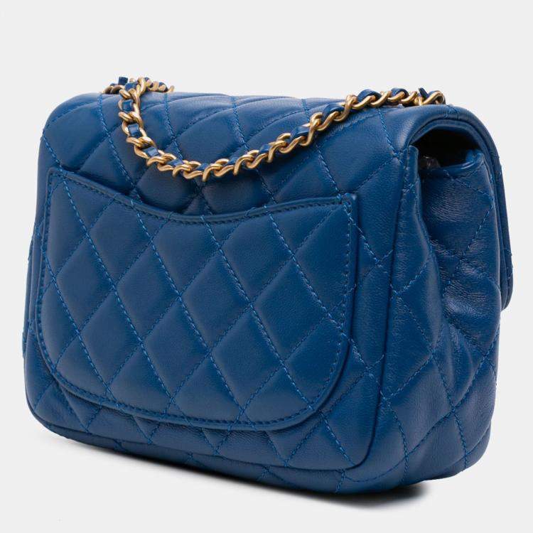 Pre Owned Chanel Blue Mini Square Classic Lambskin Pearl Crush Single Flap