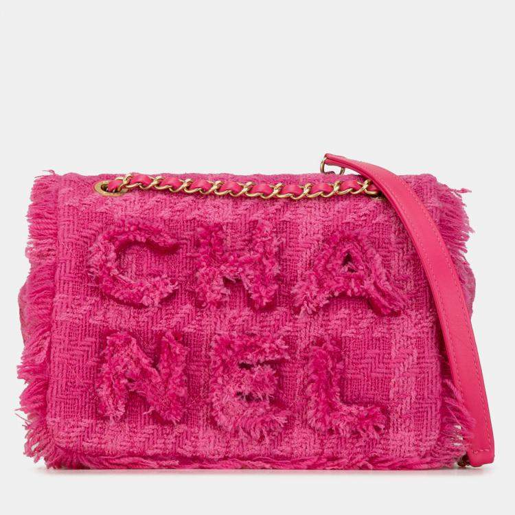 Pre Owned Chanel Pink Wool Tweed Giant Logo Flap