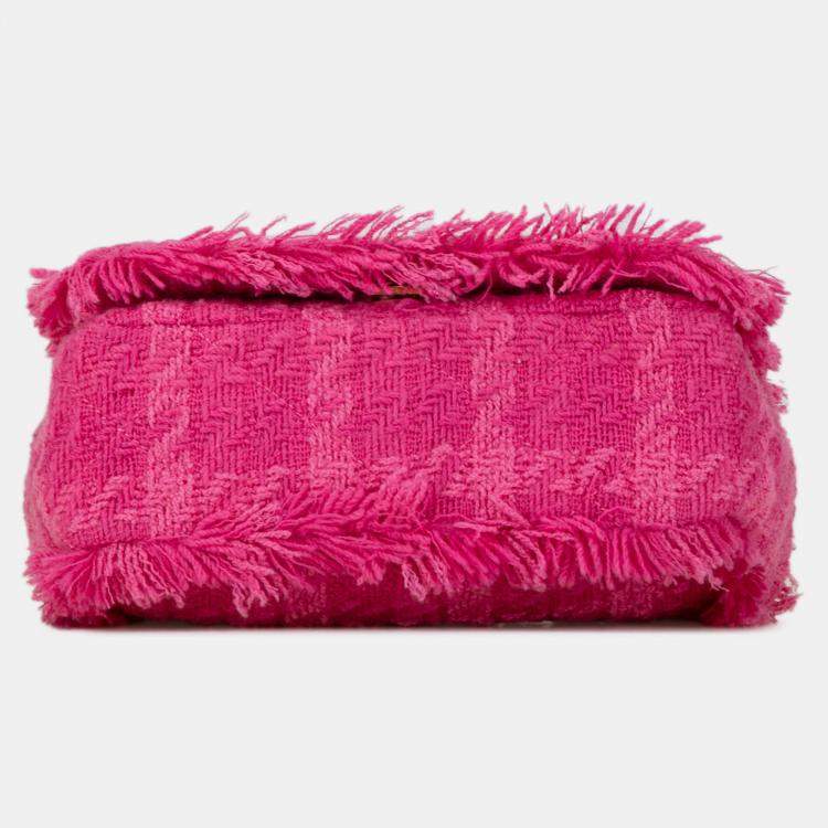 Pre Owned Chanel Pink Wool Tweed Giant Logo Flap