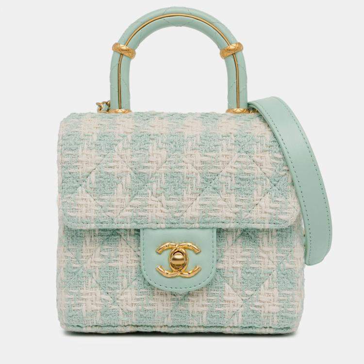 Pre Owned Chanel Blue Quilted Tweed Crush Top Handle Bag
