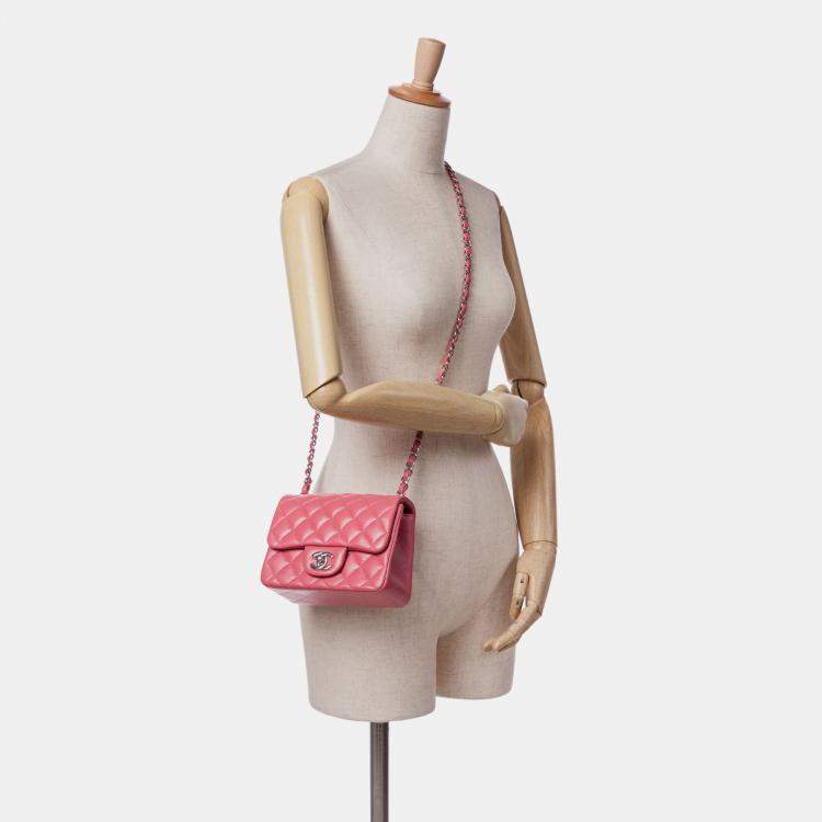 Pre Owned Chanel Pink Mini Square Classic Lambskin Single Flap