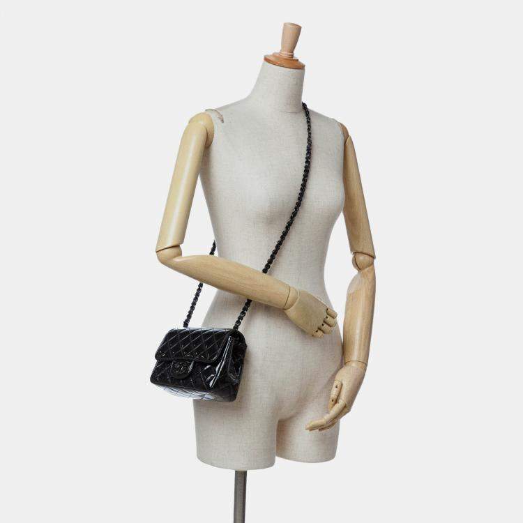 Pre Owned Chanel Black Mini Square Classic Patent So Black Single Flap