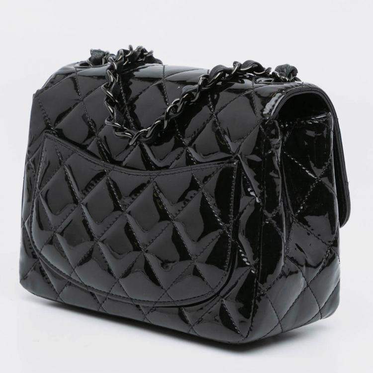 Pre Owned Chanel Black Mini Square Classic Patent So Black Single Flap