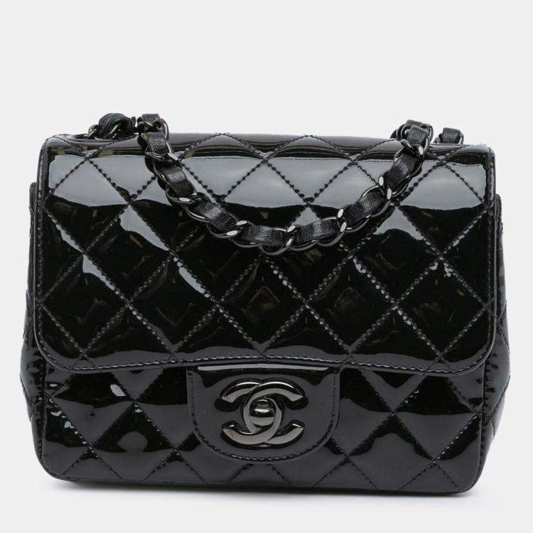 Pre Owned Chanel Black Mini Square Classic Patent So Black Single Flap