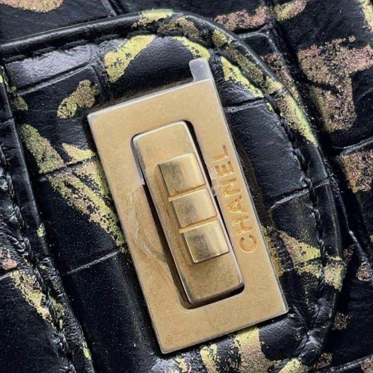 Pre Owned Chanel Reissue 2.55 Graffiti Mini Black/Gold Croc Embossed Leather Flap Bag