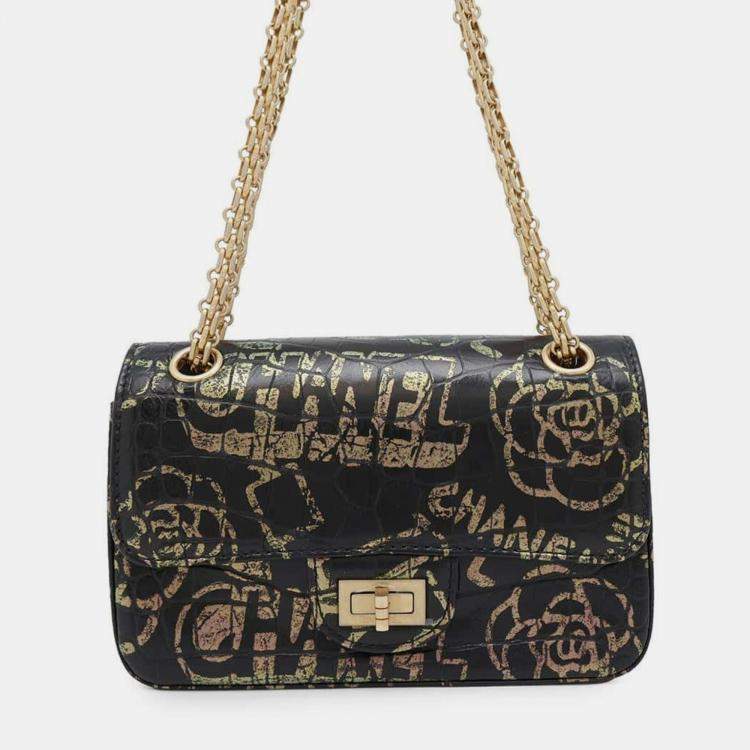 Pre Owned Chanel Reissue 2.55 Graffiti Mini Black/Gold Croc Embossed Leather Flap Bag