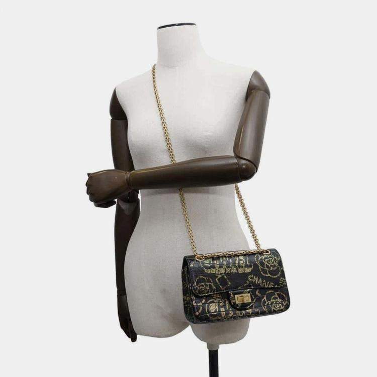 Pre Owned Chanel Reissue 2.55 Graffiti Mini Black/Gold Croc Embossed Leather Flap Bag
