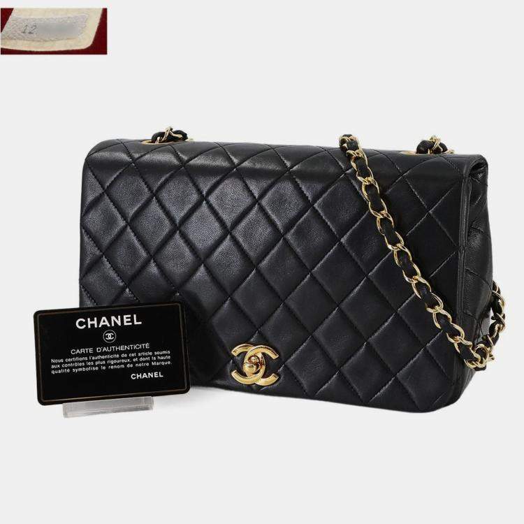 Pre Owned Chanel Full Flap Turnlock Black Leather Shoulder Bag