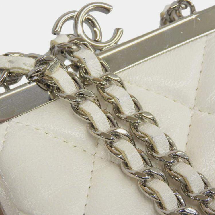 Pre Owned Chanel CC White Lambskin Quilted Evening Clutch With Chain