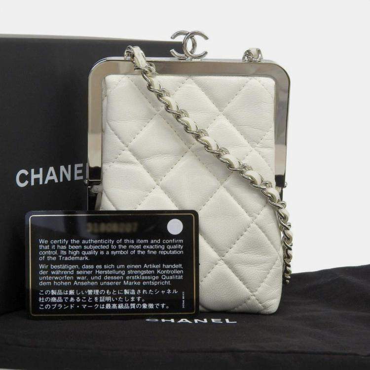 Pre Owned Chanel CC White Lambskin Quilted Evening Clutch With Chain