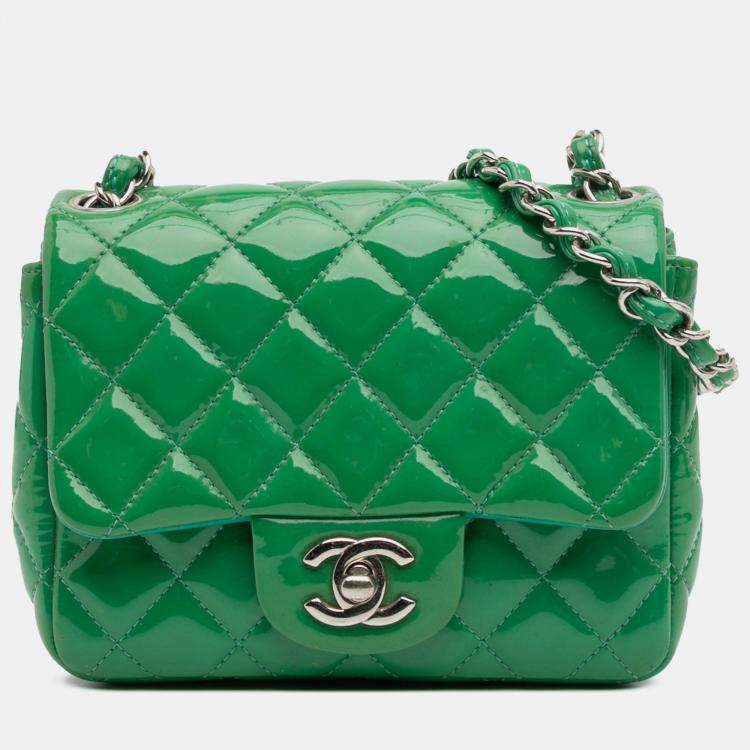Pre Owned Chanel Green Mini Square Classic Patent Single Flap