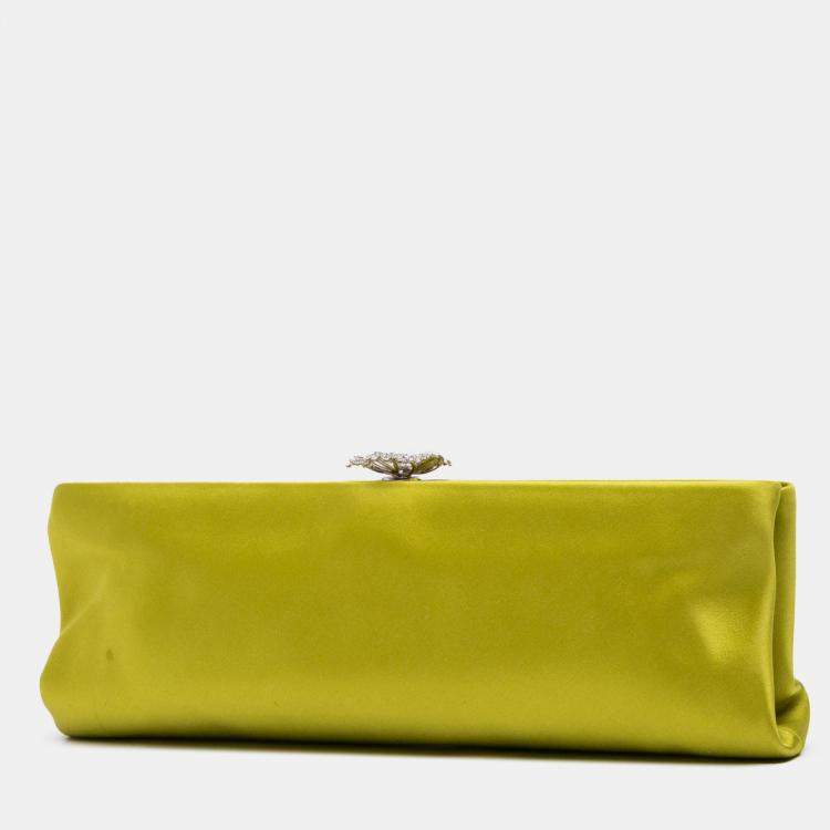 Pre Owned Chanel Green Satin Crystal Camellia Evening Frame Clutch