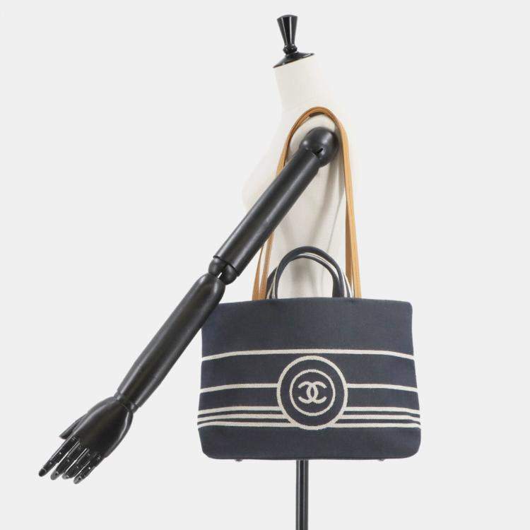Pre Owned Chanel 2-Way Hand/Shoulder Bag In Denim Navy White And Brown. Denim Shopping Bag.