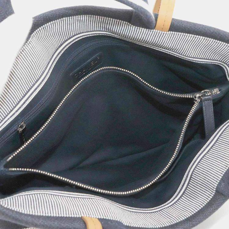 Pre Owned Chanel 2-Way Hand/Shoulder Bag In Denim Navy White And Brown. Denim Shopping Bag.