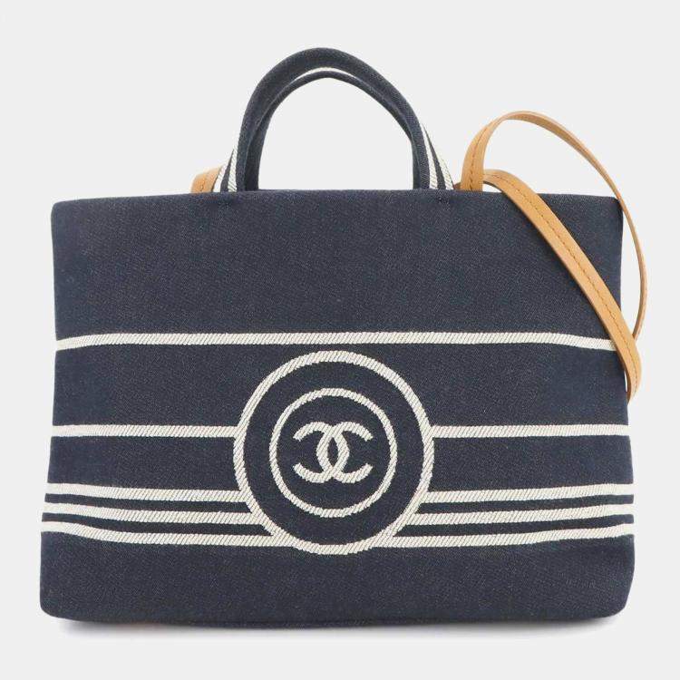 Pre Owned Chanel 2-Way Hand/Shoulder Bag In Denim Navy White And Brown. Denim Shopping Bag.