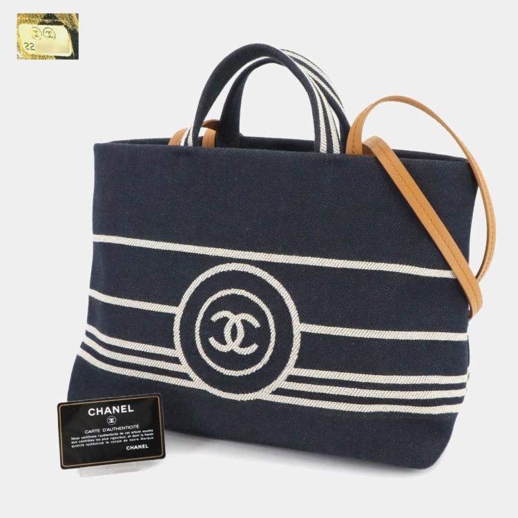Pre Owned Chanel 2-Way Hand/Shoulder Bag In Denim Navy White And Brown. Denim Shopping Bag.