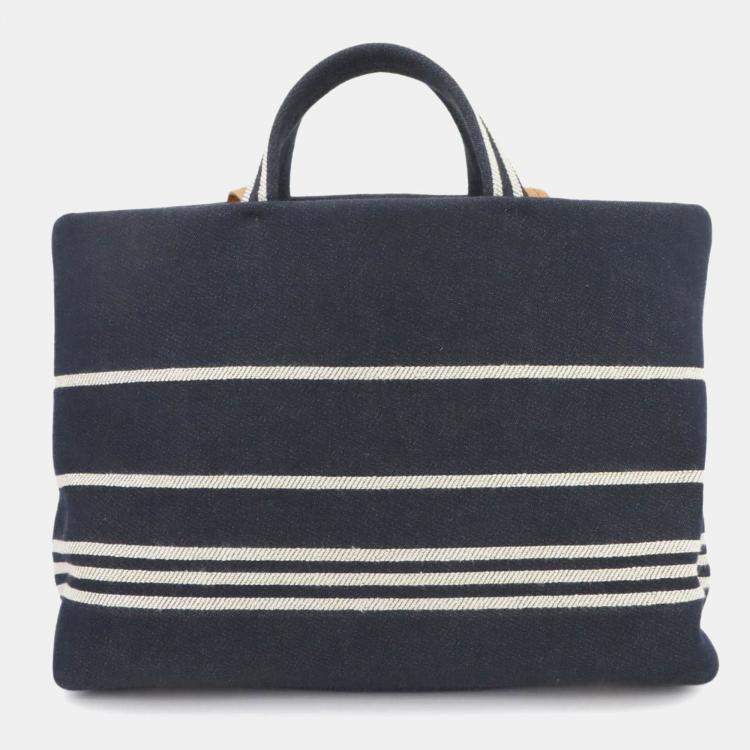 Pre Owned Chanel 2-Way Hand/Shoulder Bag In Denim Navy White And Brown. Denim Shopping Bag.