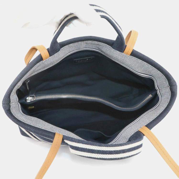 Pre Owned Chanel 2-Way Hand/Shoulder Bag In Denim Navy White And Brown. Denim Shopping Bag.