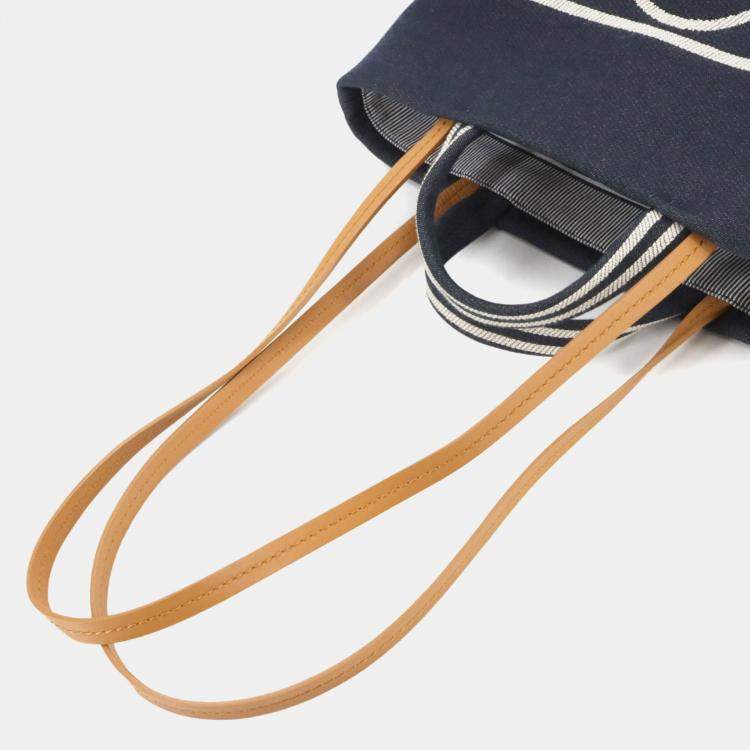 Pre Owned Chanel 2-Way Hand/Shoulder Bag In Denim Navy White And Brown. Denim Shopping Bag.