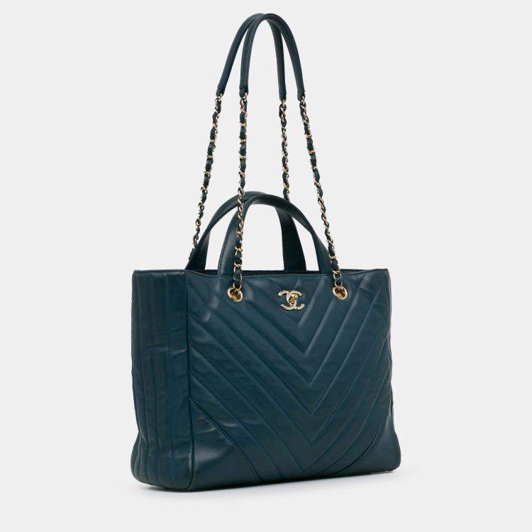Pre Owned Chanel Blue CC Chevron Calfskin Statement Shopping Tote