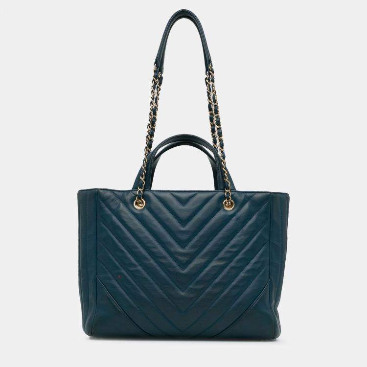 Pre Owned Chanel Blue CC Chevron Calfskin Statement Shopping Tote