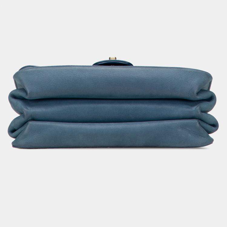 Pre Owned Chanel Blue Small Quilted Calfskin Straight Lined Flap