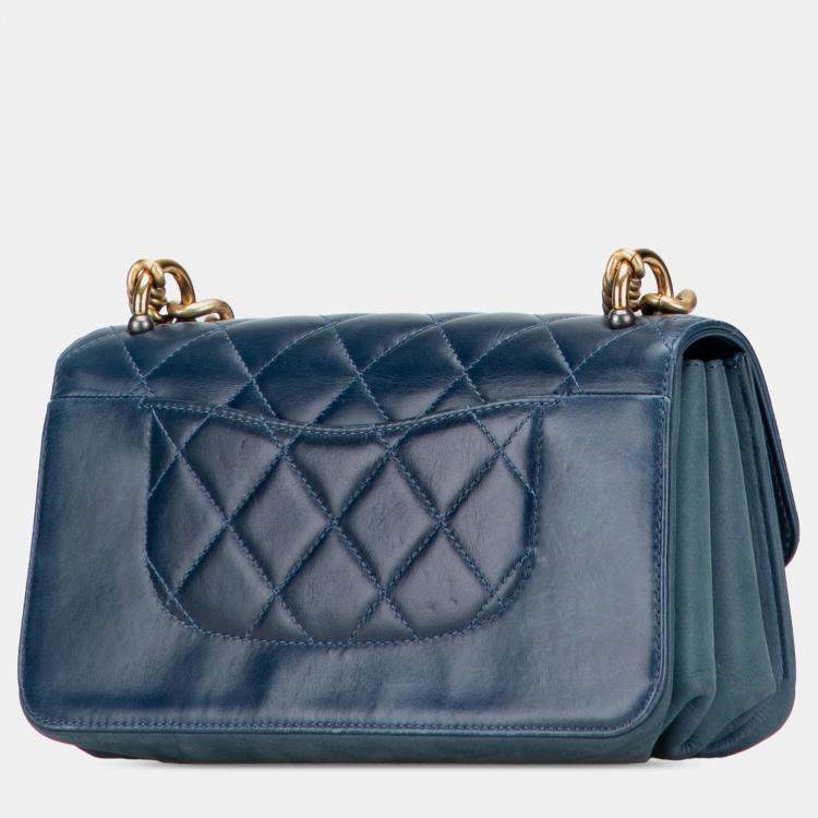 Pre Owned Chanel Blue Small Quilted Calfskin Straight Lined Flap