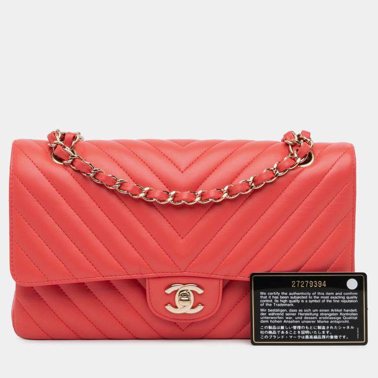 Pre Owned Chanel Red Medium Classic Chevron Lambskin Double Flap