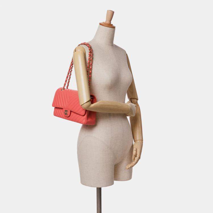Pre Owned Chanel Red Medium Classic Chevron Lambskin Double Flap
