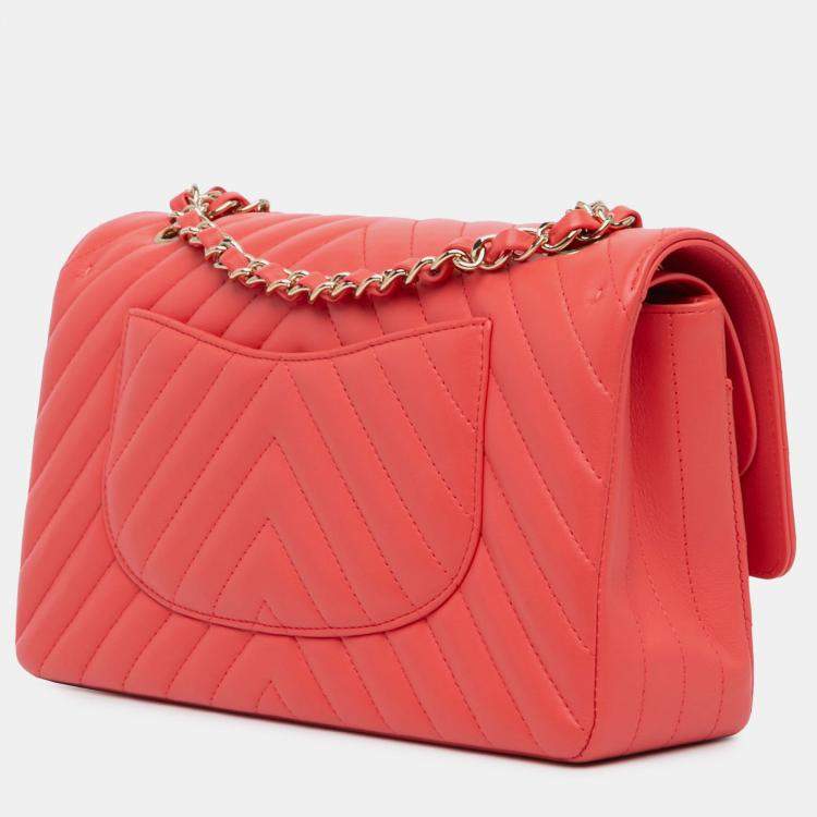Pre Owned Chanel Red Medium Classic Chevron Lambskin Double Flap