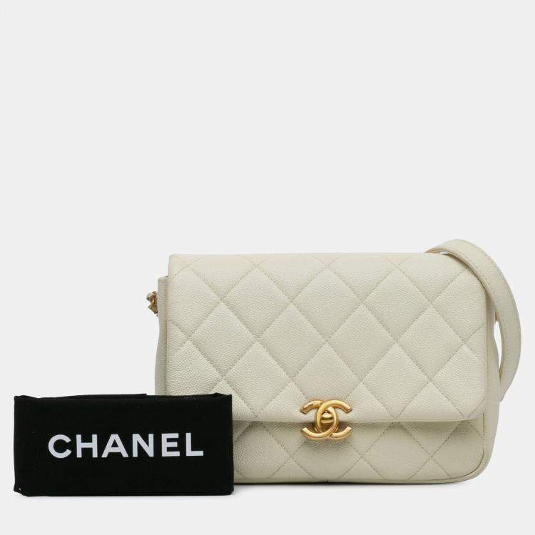 Pre Owned Chanel Cream Small Quilted Caviar Chain Melody Flap