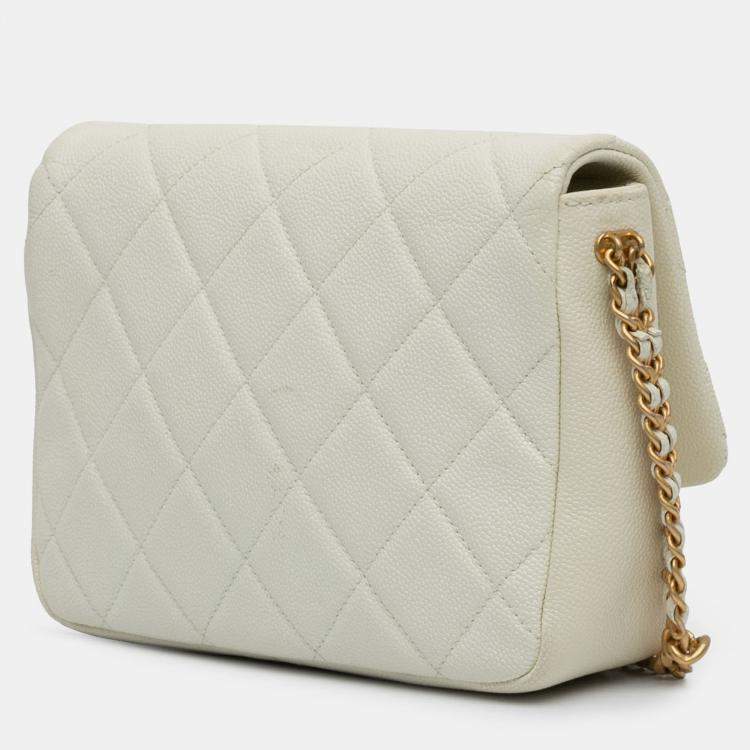Pre Owned Chanel Cream Small Quilted Caviar Chain Melody Flap
