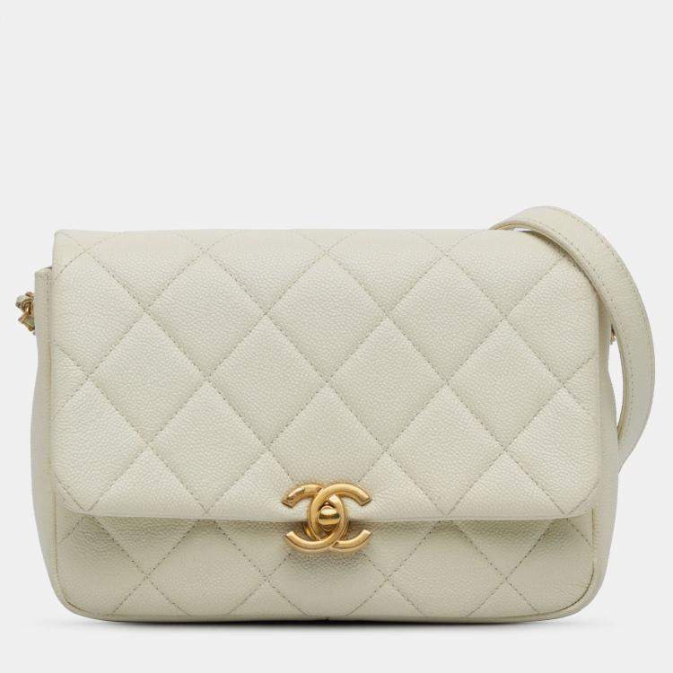 Pre Owned Chanel Cream Small Quilted Caviar Chain Melody Flap