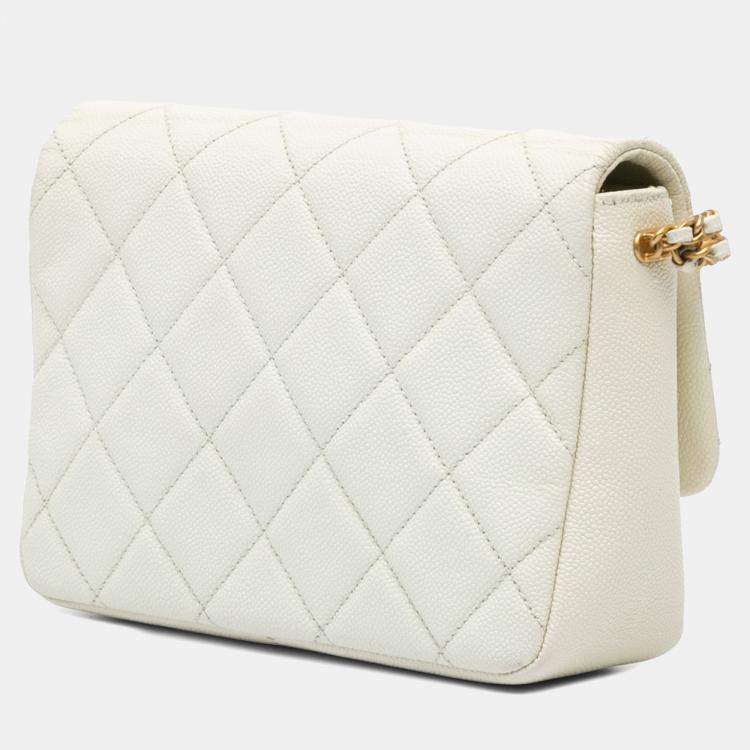 Pre Owned Chanel White Small Quilted Caviar Chain Melody Flap