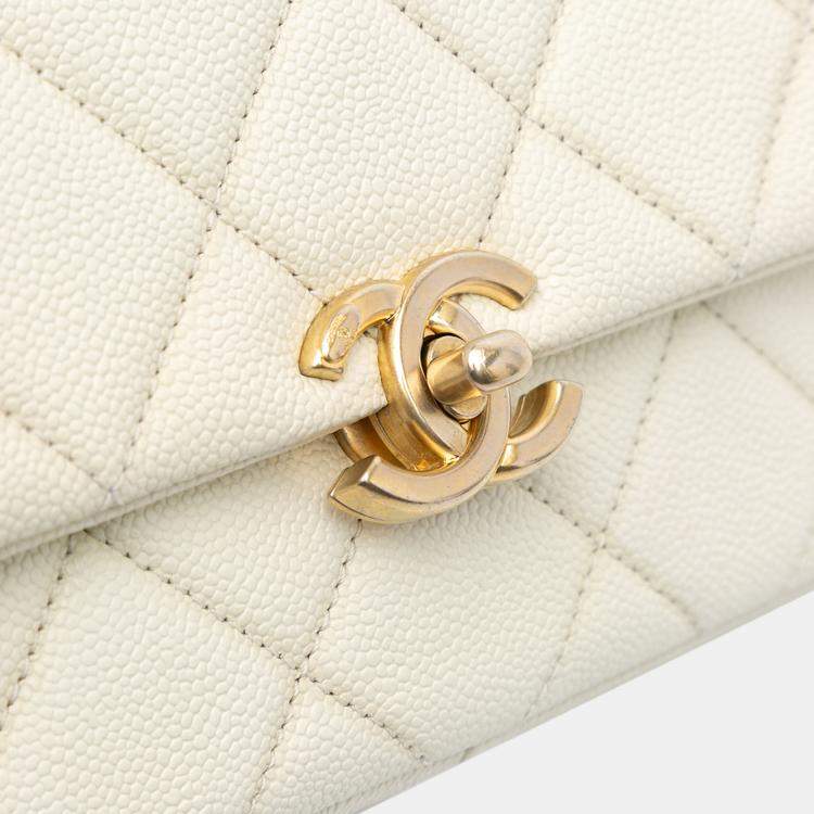 Pre Owned Chanel White Small Quilted Caviar Chain Melody Flap