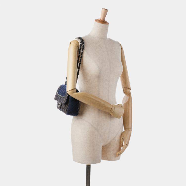 Pre Owned Chanel Blue Small Jersey Tweed Flap