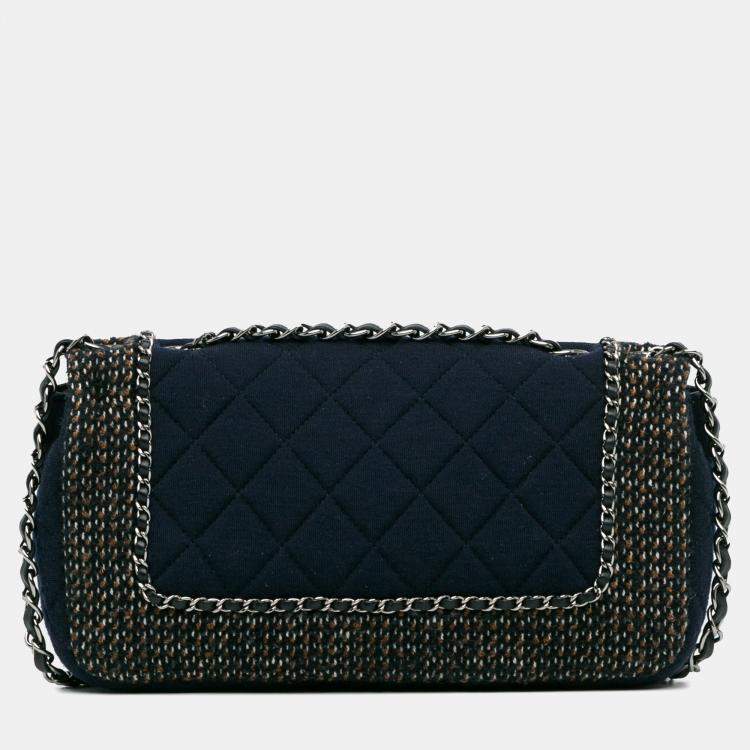 Pre Owned Chanel Blue Small Jersey Tweed Flap