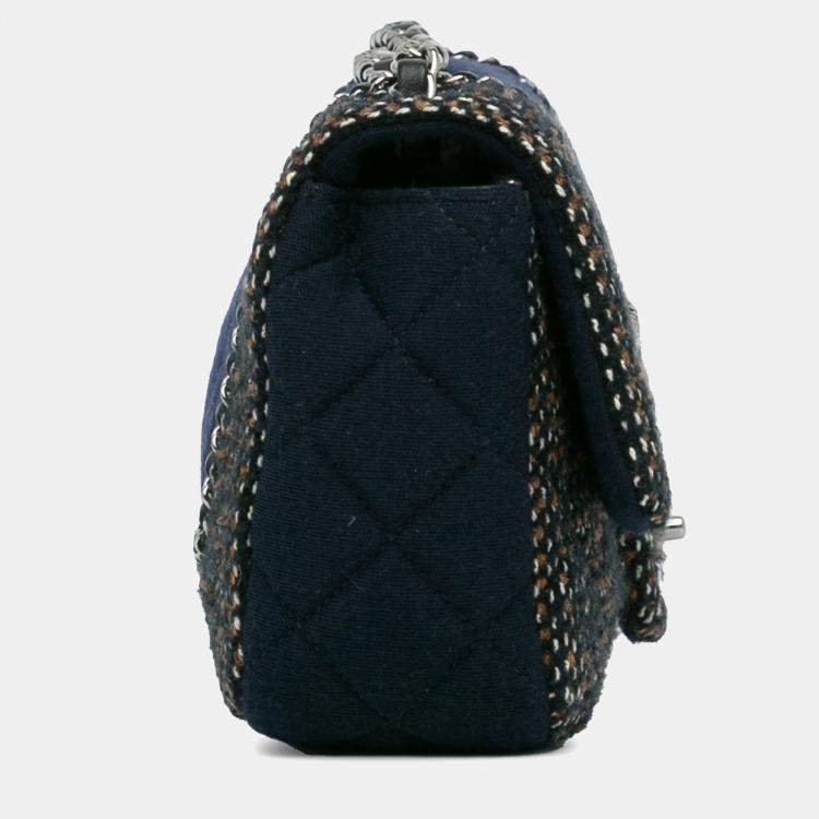 Pre Owned Chanel Blue Small Jersey Tweed Flap