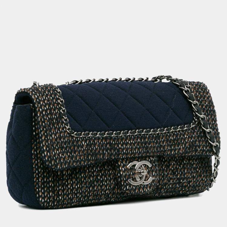 Pre Owned Chanel Blue Small Jersey Tweed Flap