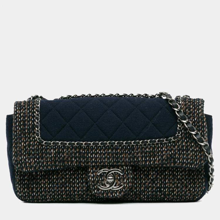 Pre Owned Chanel Blue Small Jersey Tweed Flap